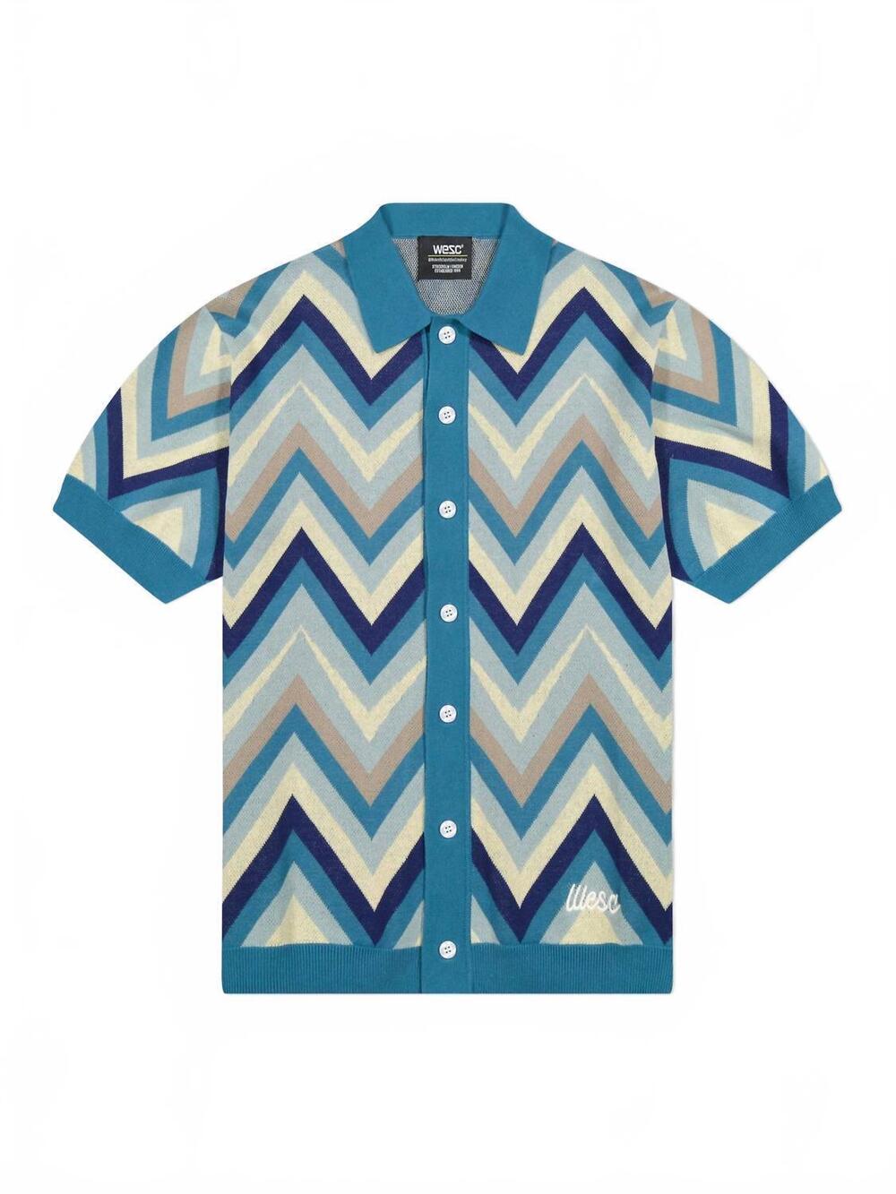 NEW WESC men's zig-zag short sleeve knit cardigan in teal